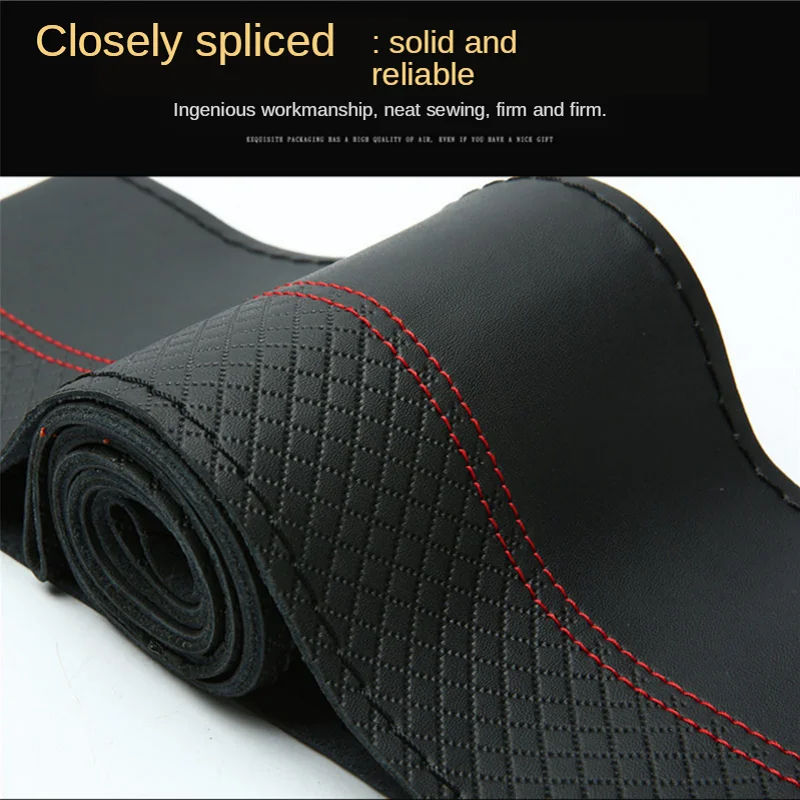 Steering Wheel Cover 38cm Top Layer Cowhide Soft Genuine Leather Braid Steering Wheel Cover Double Line Hand-stitched