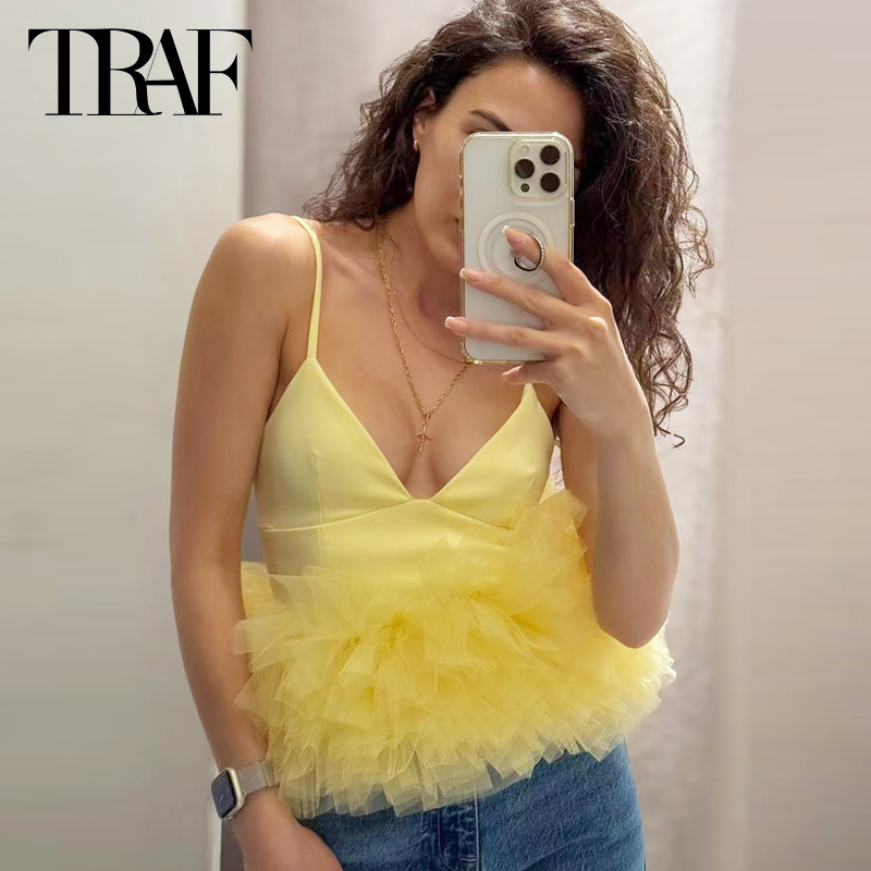 TRAF Women Yellow Slip Top Summer 2025 Crop Mesh Tanks & Camis Cute Off Shoulder Sleevelss Backless Camisole Fashion Elastic Top