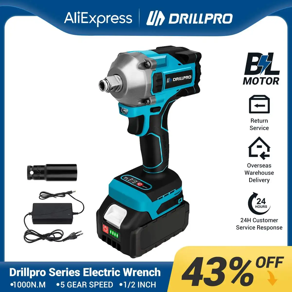 

Drillpro 1000NM 1/2 Inch Electric Impact Wrench Cordless Rechargeable Brushless Variable Speed Power Tool For Makita 18V Battery