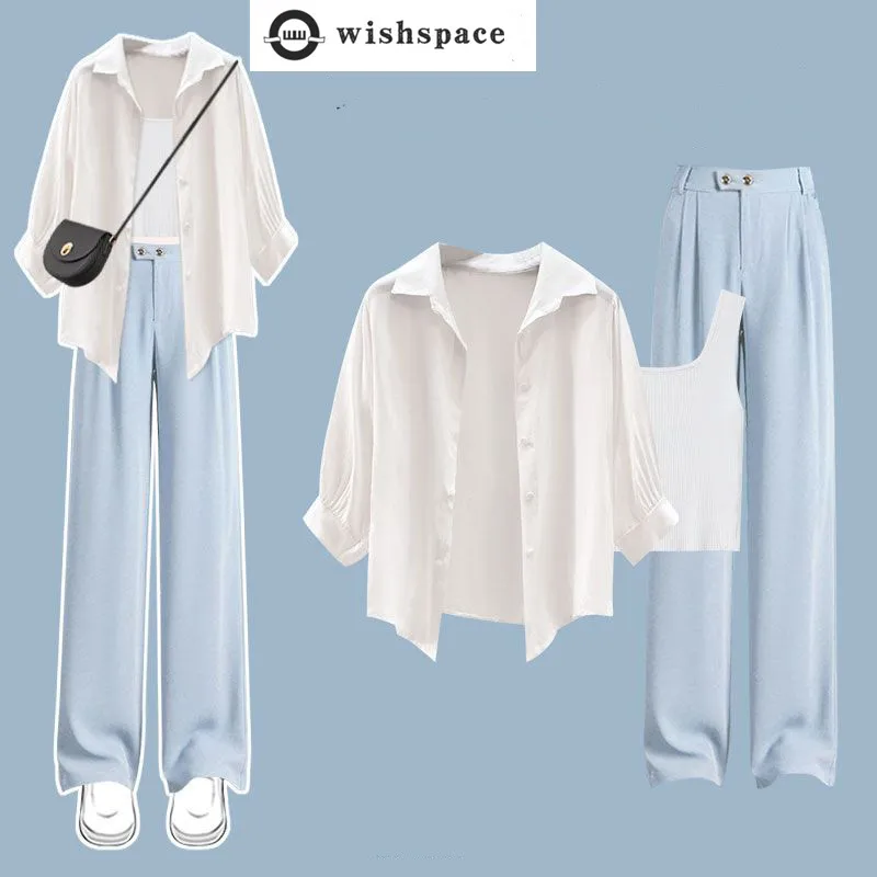 Summer New Sunscreen Chiffon Shirt Sexy Strap Tank Top Wide Leg Pants Three Piece Elegant Women's Pants Set Casual Outfits Style