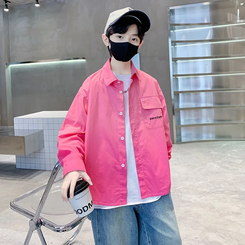 Spring Fashionable Long Sleeve Shirt for Boys Embroidered Letter Dyed Trendy Chinese Brand Children's Clothing Spring Shirt