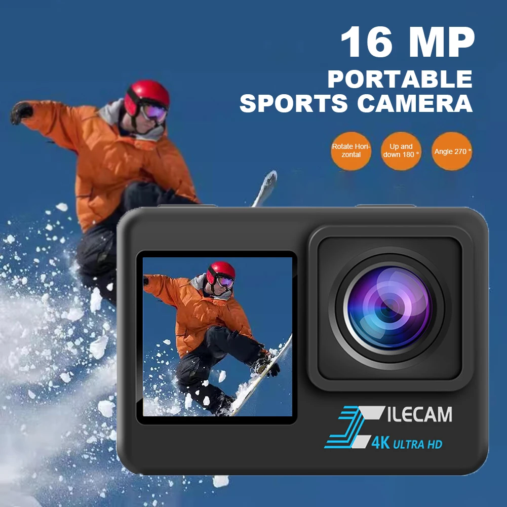 4K UHD Action Camera Dual Screen Display 2.0'' IPS Screen 120 Wide Angle Underwater 30M Waterproof Outdoor Sport Diving Camera