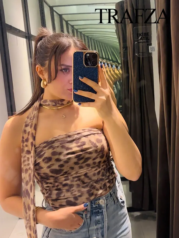 

Женский тюлевый Топ Без Рукавов TRAFZA, модный винтажный топ с леопардовым принтом, облегающий шикарный тюлевый топ с открытыми плечами и лямкой на шее, весна 2024