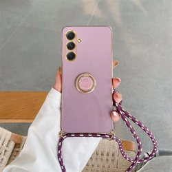 Luxury Plating Crossbody Lanyard Case with Ring Holder - Elegant Back Cover Accessory for A15 4G 5G (Gs zh cherry purple)