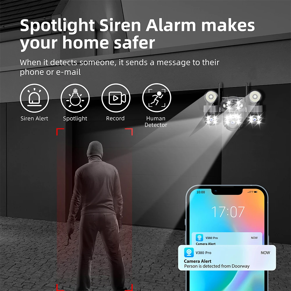 V380 15MP Triple Lens PTZ Outdoor Security Camera IP66 Waterproof Auto Tracking Night Vision 2-Way Audio WiFi Cam Cloud Storage 5