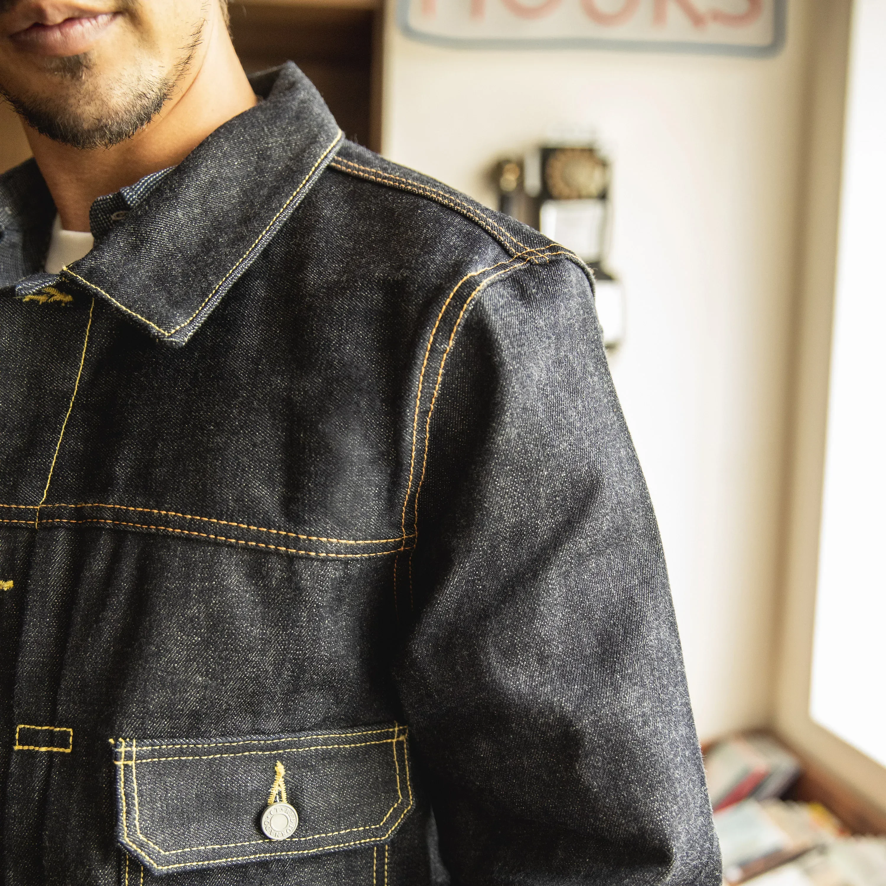 VS101-0001B  16oz High Quality Cotton Denim Jacket Casual Stylish Raw Unwashed Coat 4