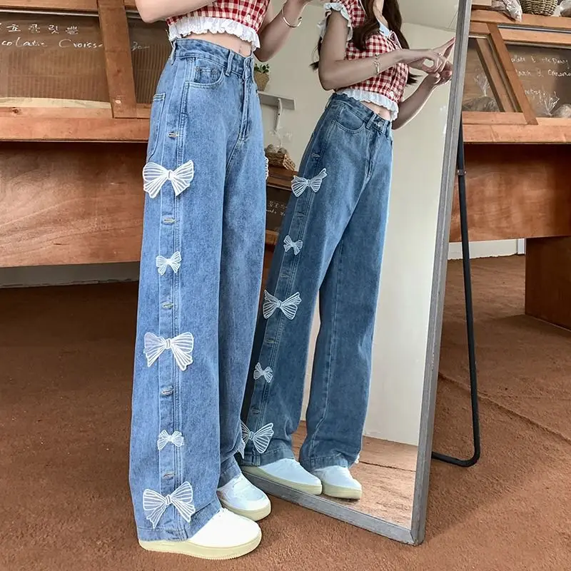 Jeans Bow High Waist Large Size Women Baggy Jeans Wide Leg Trousers Teens Korean Fashion Casual Pants Streetwear Sweet Jeans