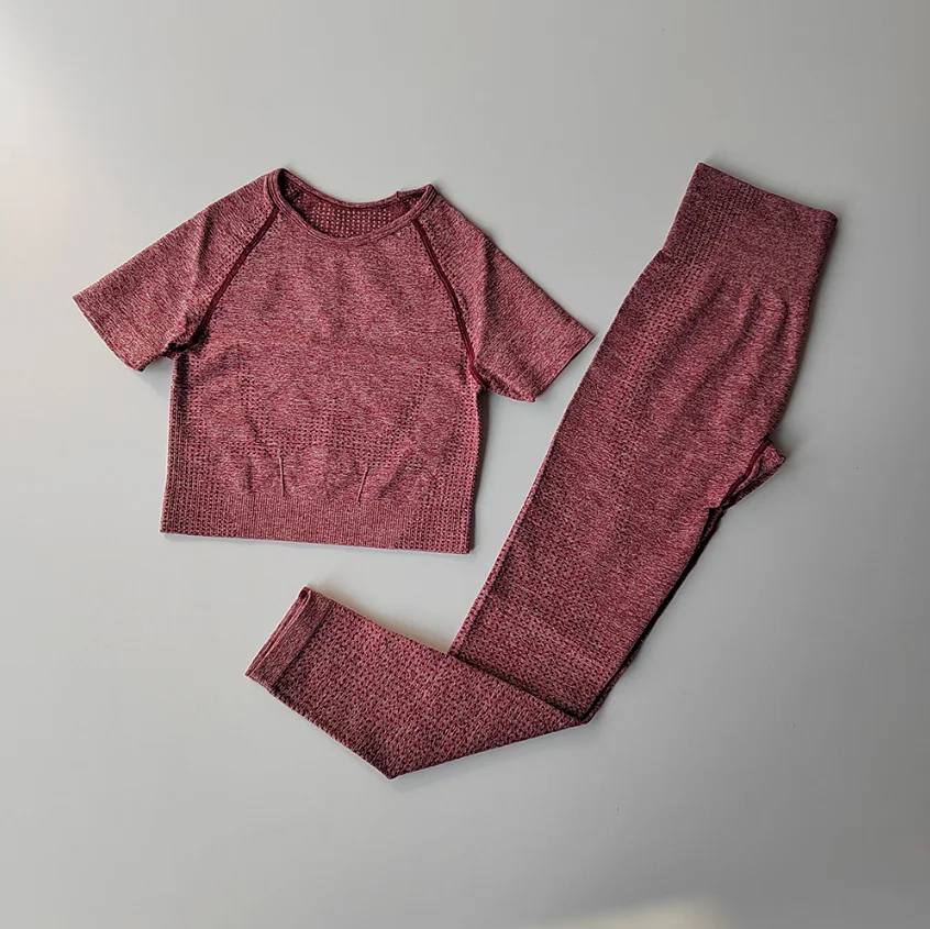 

2PCS Seamless Women Yoga Set Workout Sportswear Gym Clothing Fitness Short Sleeve Crop Top High Waist Leggings Sports Suits