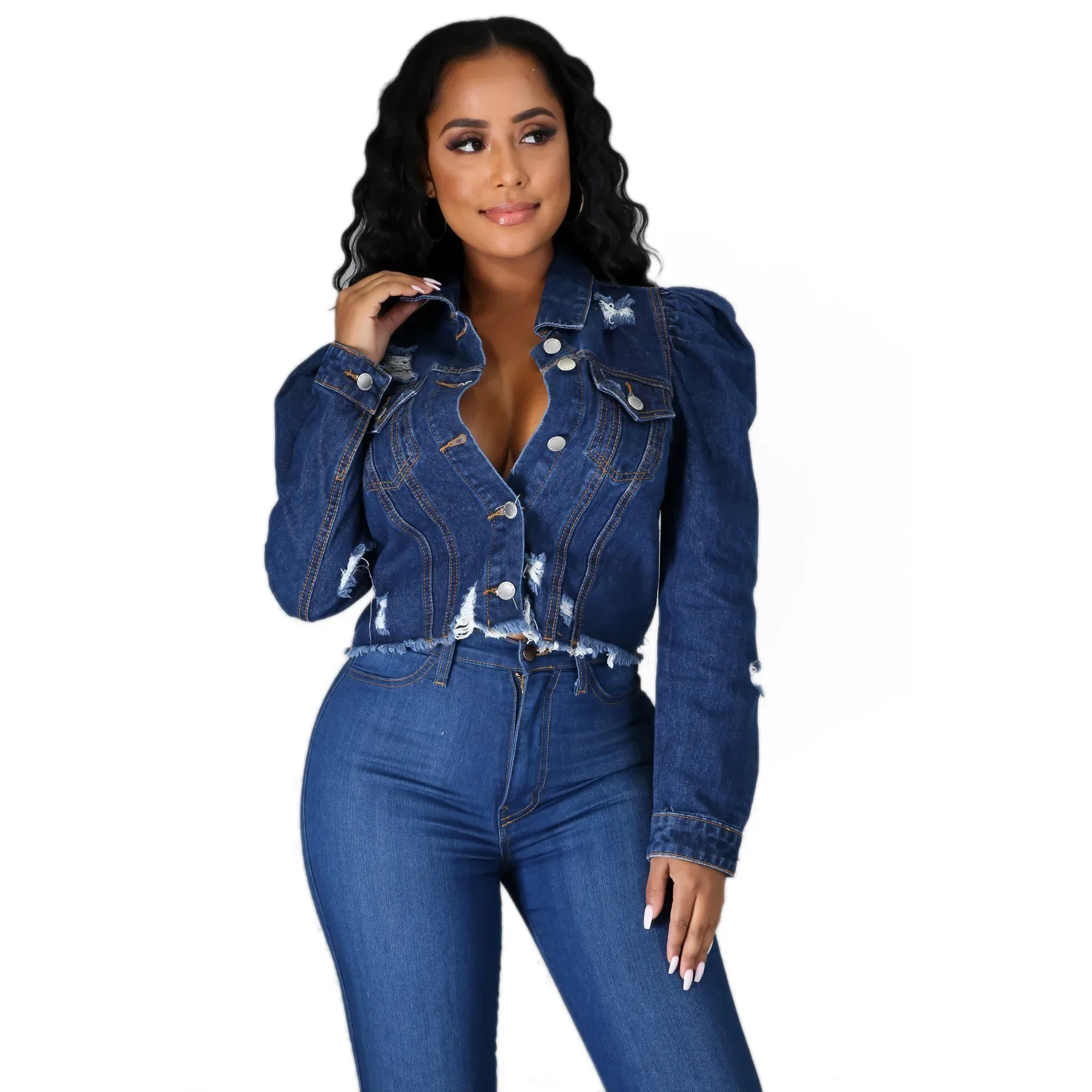 Sexy Ripped Hole Denim Jacket Women Fashion Lapel Long Sleeve Jeans Jacket Vintage Single Breasted Denim Outwear