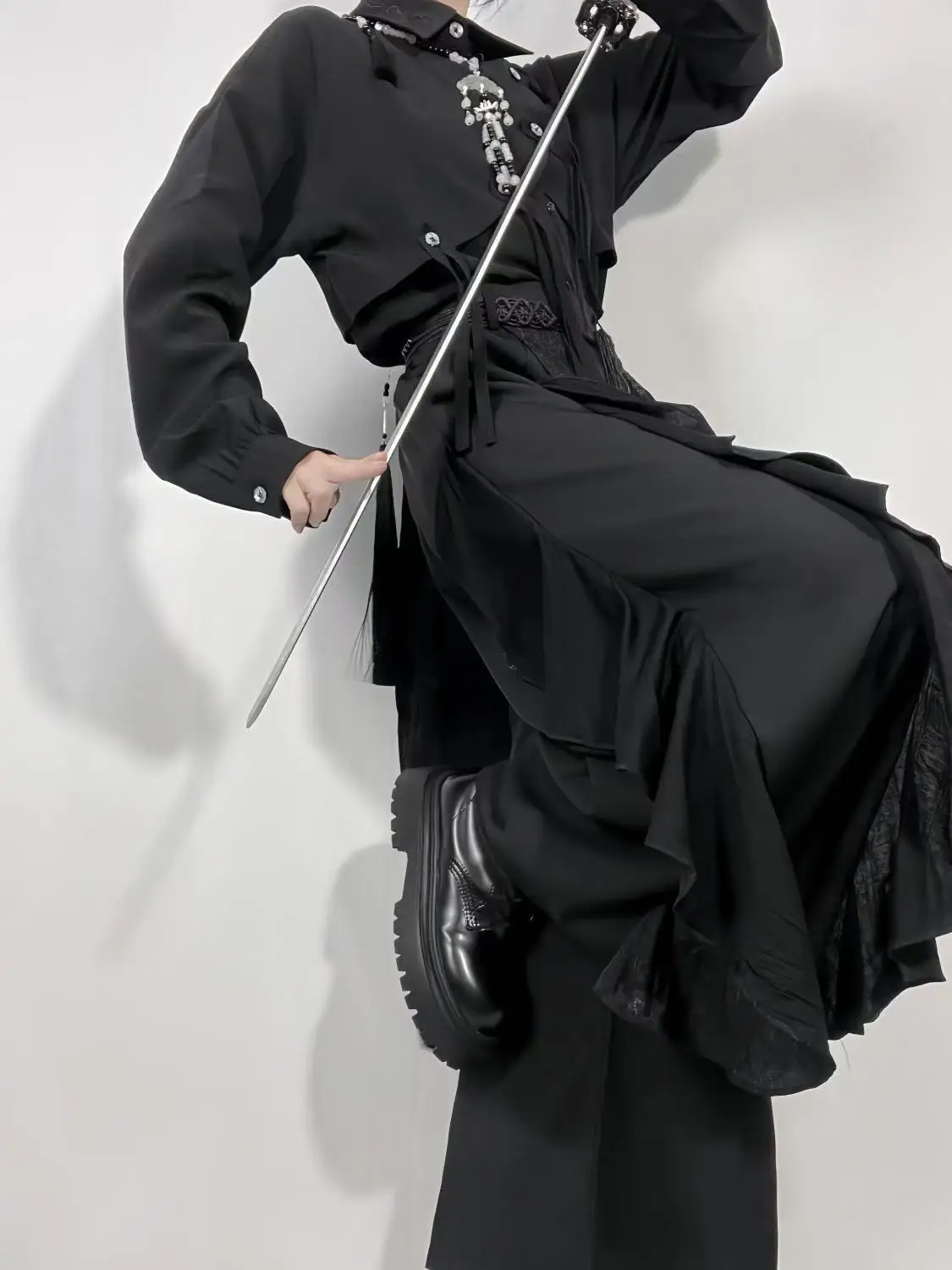 Bisex Dark Black Skirt Pants Men Women New Chinese Style Patchwork Double-layer Wide Leg Pants Vintage Niche Fashion Culotte