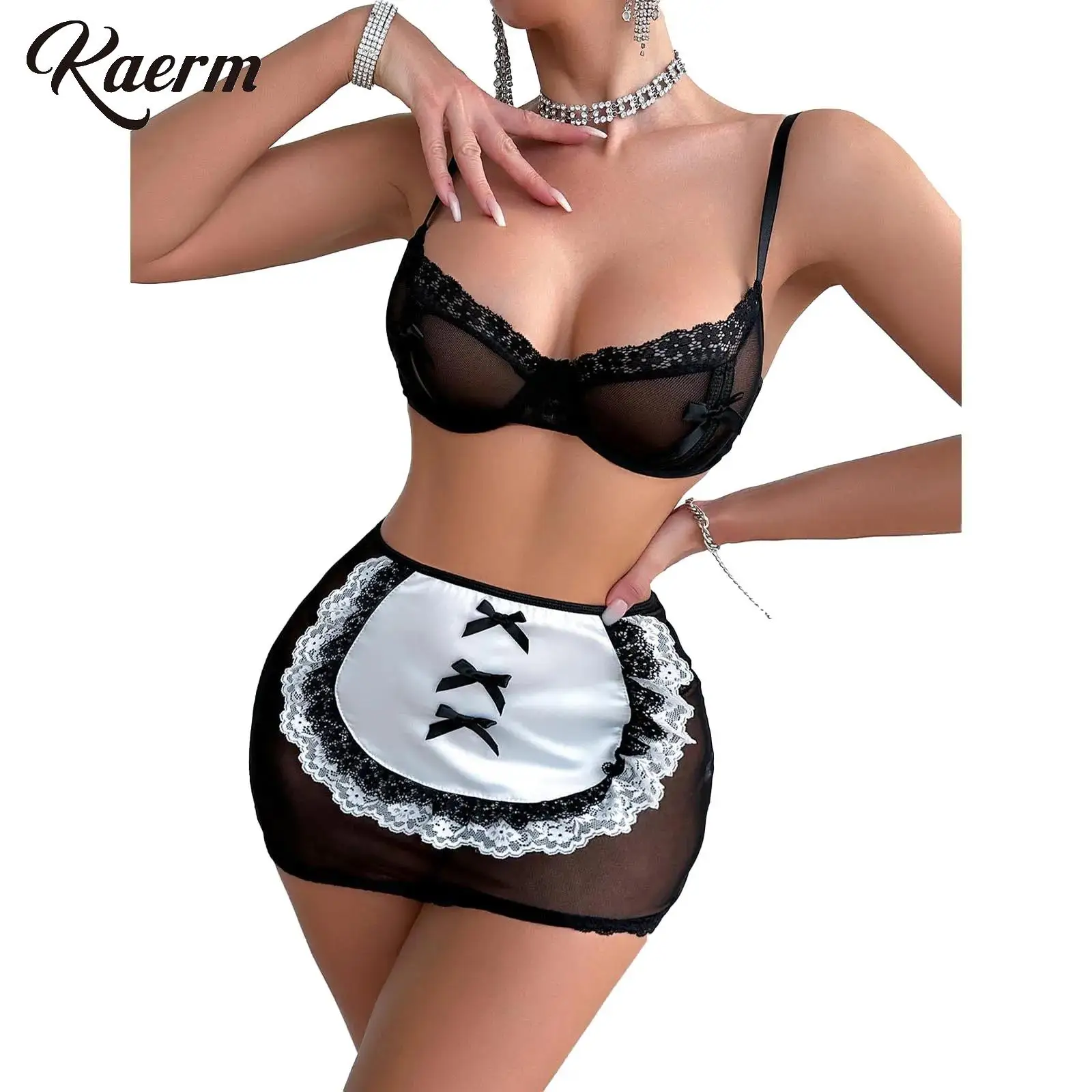 

Women Maid Cosplay Costume Sexy Lingerie Set See-Though Lace Cutout Bra with Short Skirt and Thong Underwear for Erotic Clothing