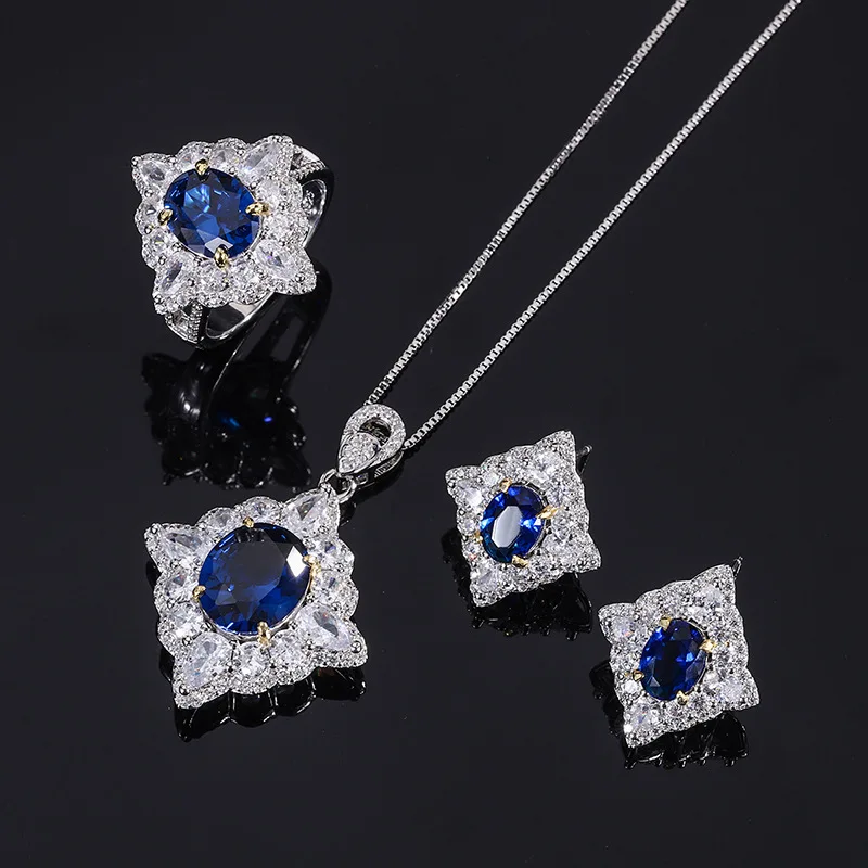 

Sparkling Cubic Zirconia Lab Created Sapphire Luxury Designer Jewelry Set 925 Sterling Silver Necklace Ring Earrings For Women