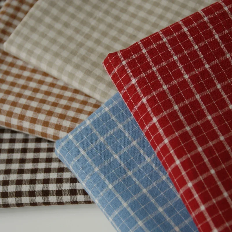 Retro Vintage Red Blue Linen Grid Striped Woven Cotton Fabric for Sewing and Home Décor