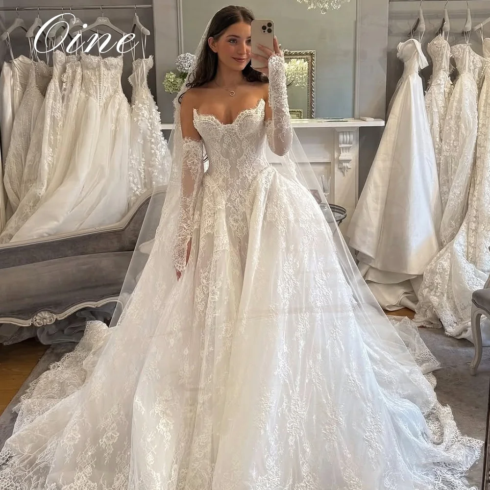 chinese dress ladies Elegant Long Sleeves White A-Line Lace Long Wedding Dress Bridal Dress –  ModelDressy
