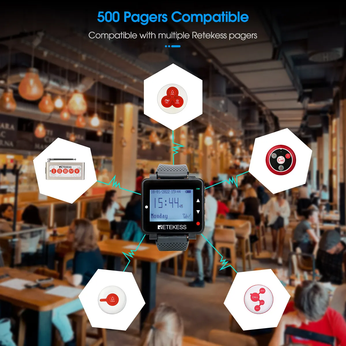 Retekess T128 Restaurant Pager Wireless Waiter Calling System Watch Receiver + 10pcs T117 Call Button For Cafe Clinic Dentist