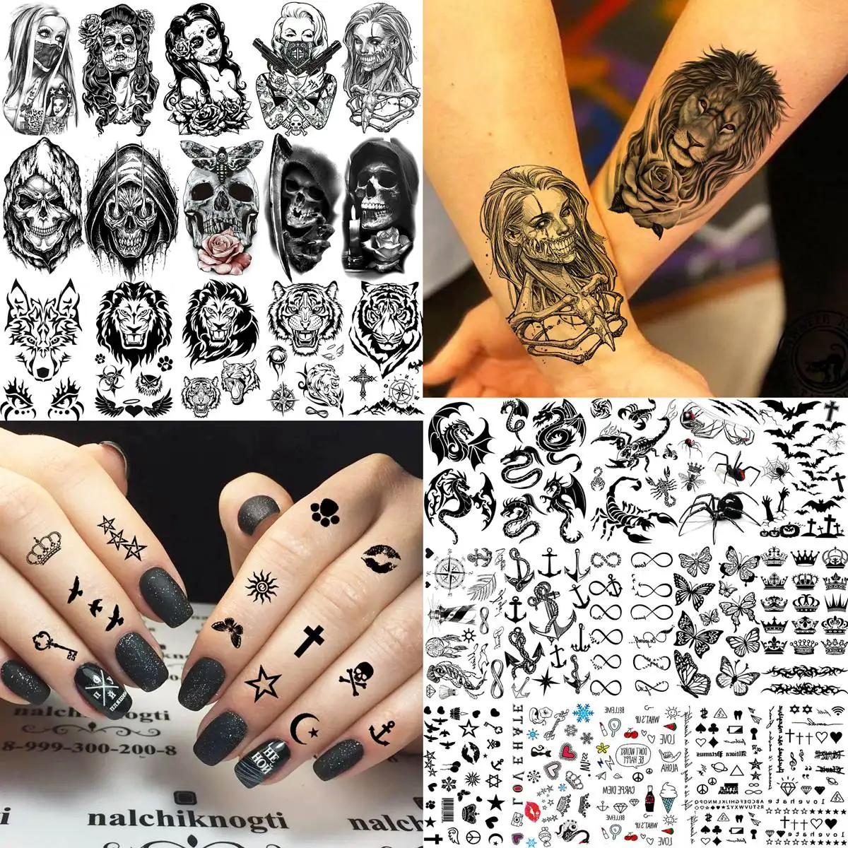 60 Sheets Ferocious Lion Tiger Temporary Tattoos For Men Women Arm Neck Devil Skull Tattoo Black Wolf Dragon Tatoo Small Desgin 2