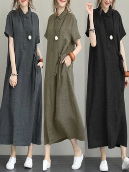New POLO Collar Cotton Linen Short Sleeved Loose Pocket Temperament Women's Casual Dress Black Summer Dress Women White Dress 1