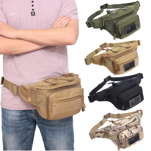 Tactical Fanny Pack, Military Waist Bag Hip Belt Bumbag Utility Bags for  Outdoor Hiking Climbing Fishing with U.S Patch (Black)