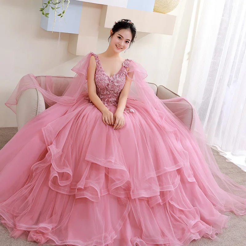 

2024 New Fairy Pink Fantasy Shawl Long Slim Fit Sexy Performance Walk Show Colorful Gauze, V-neck Open Back Strap Birthday Dress