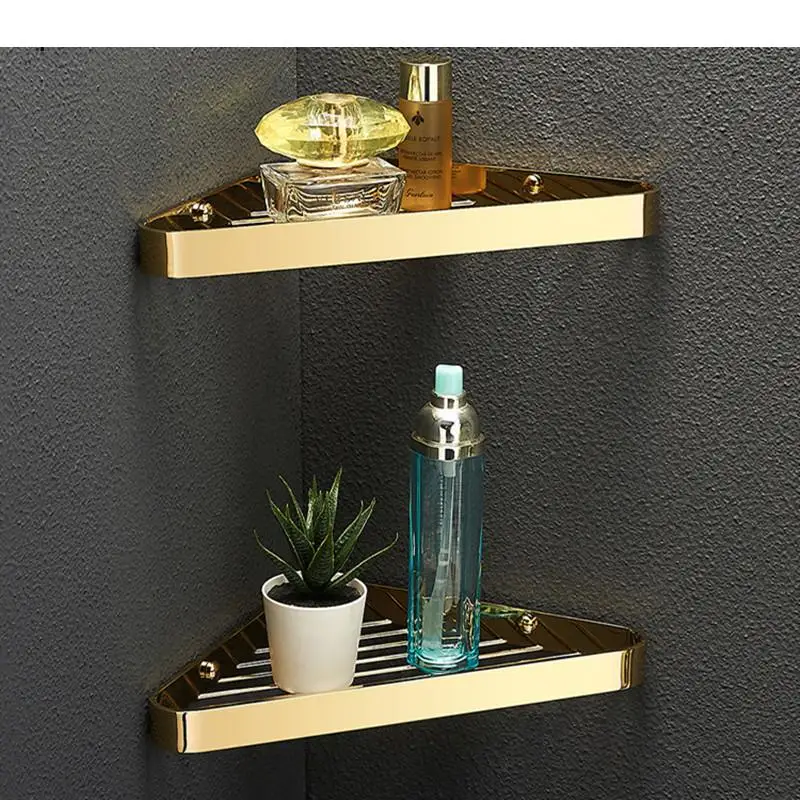 

Punch-free Brass Shower Basket Triangle Shape Corner Stand Washing Supplies Storage Holders Bathroom Accessories Shelf