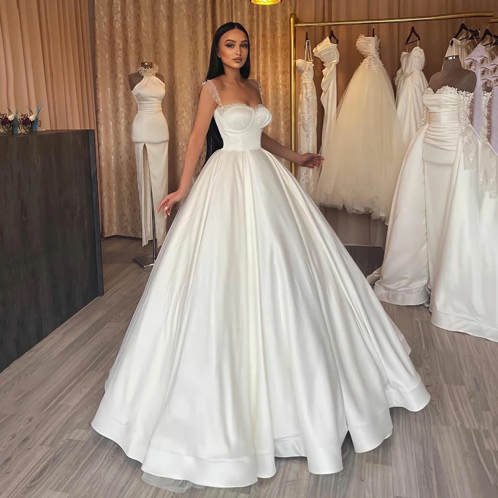 

UZN Modern A-Line Satin Wedding Dresses Robes de mariée Beading Sweetheart Neckline Sheer Straps Bridal Gowns Simple Dubai Bride