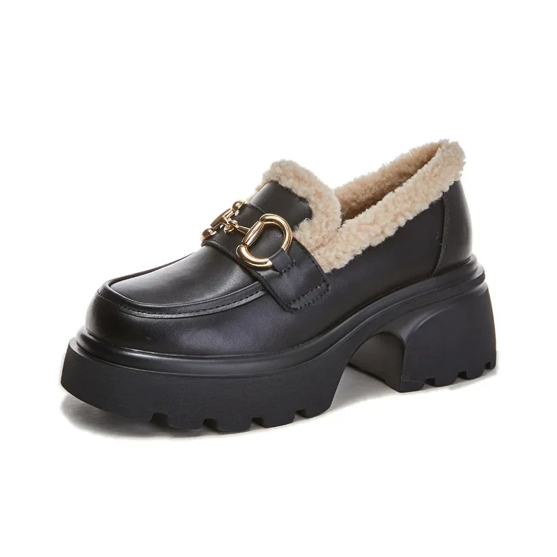 

Leather Loafer Shoes for Women 2023 Winter New Women's Fashion Every Pair of Thick Heel Shoes Plus Cashmere Warm Women's Shoes