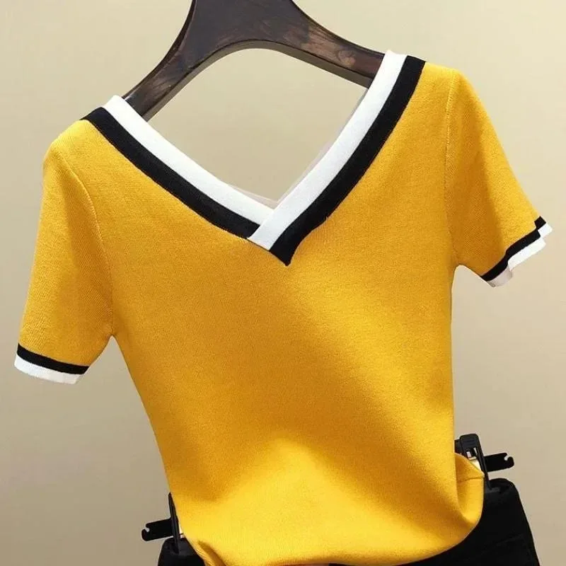 Women's Thin Knitted T-Shirts, Korean Fashion, Contrast Color Tees, Short Sleeve Tops, Slim Fit Tshirt, Summer Clothes, 13362