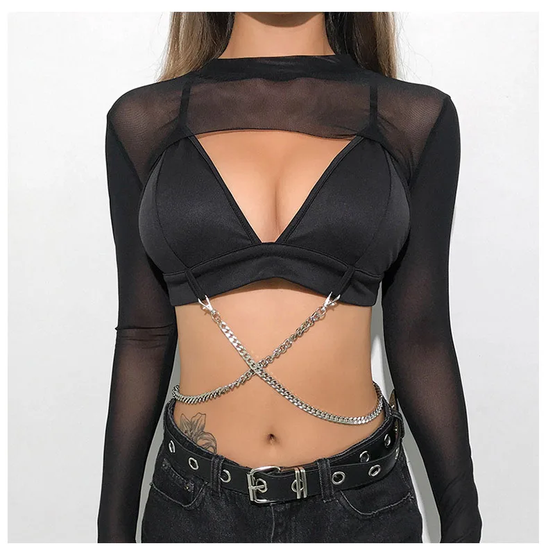 Sexy Women Crop Top Mesh Sleeve T-Shirt Sexy Tops Hollow Out Transparent Tops Ladies T Shirt Black Top Casual T-shirt744_voghion.com