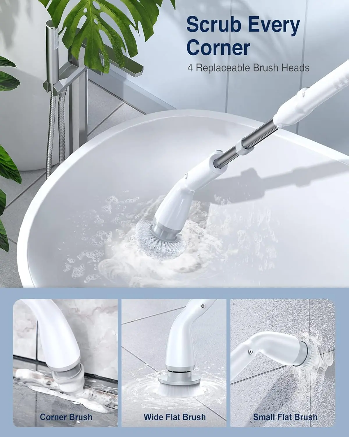 Electric Spin Scrubber LA1 Pro, Cordless Spin Scrubber W/ 7 Replaceable Brush Heads and Adjustable Extension Handle, (White)