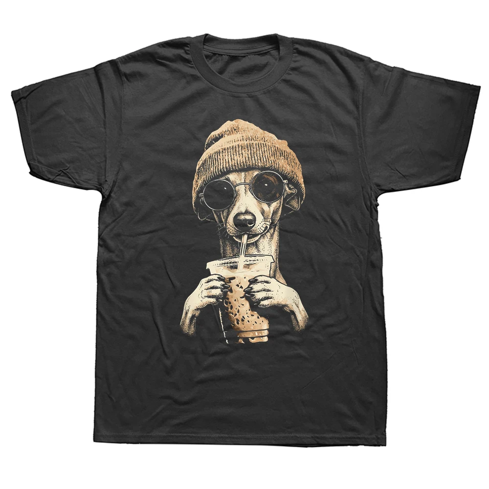 Lustiges Italienisches Windhund-Eiskaffee-Baumwoll-Streetwear-T-Shirt, Humor-T-Shirt, locker geschnittene Kleidung für Männer und Frauen, Kurzarm
