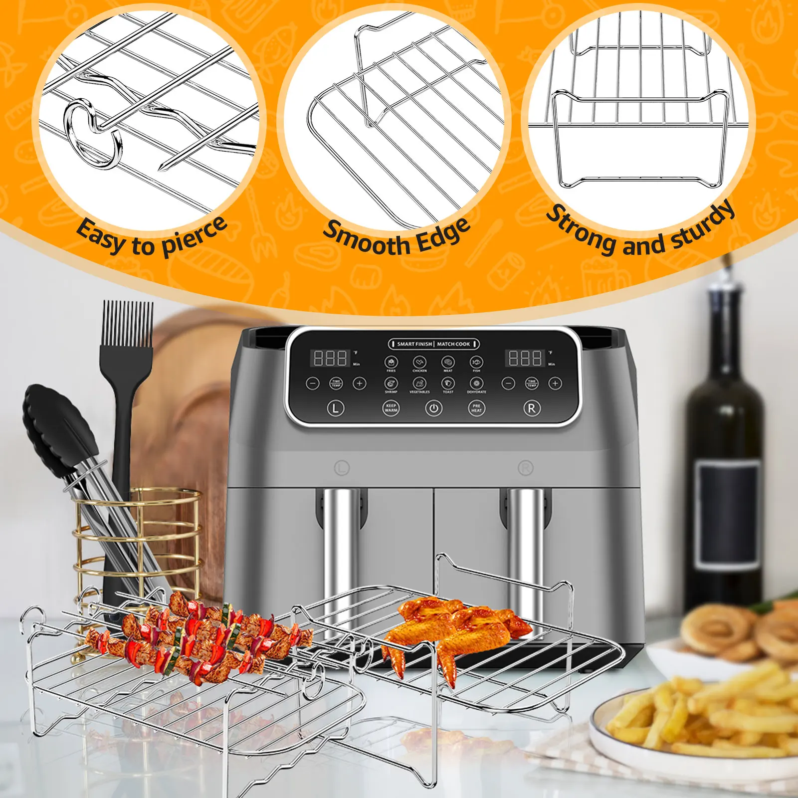 Air Fryer Accessories Set Reusable Air Fryer Silicone Mat Stainless Steel Air Fryer Rack with Barbecue Clip Silicone Brush 1 Set