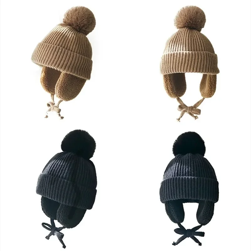 

Baby Hat Big Pompom Beanie with Ear flap Wool Plush Children Knitted Cap for Girls Boys Winter Thick Warm Kids Accessories