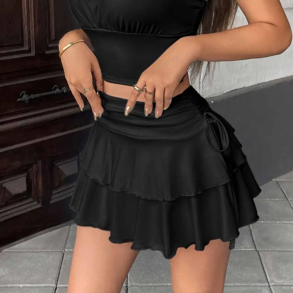 Solid Color Lace Up Girls Short Mini Skirt Slim Fit Ruffle High Waist A-line Skirt Teens Cake Dress Pleated Mini Skirts Summer