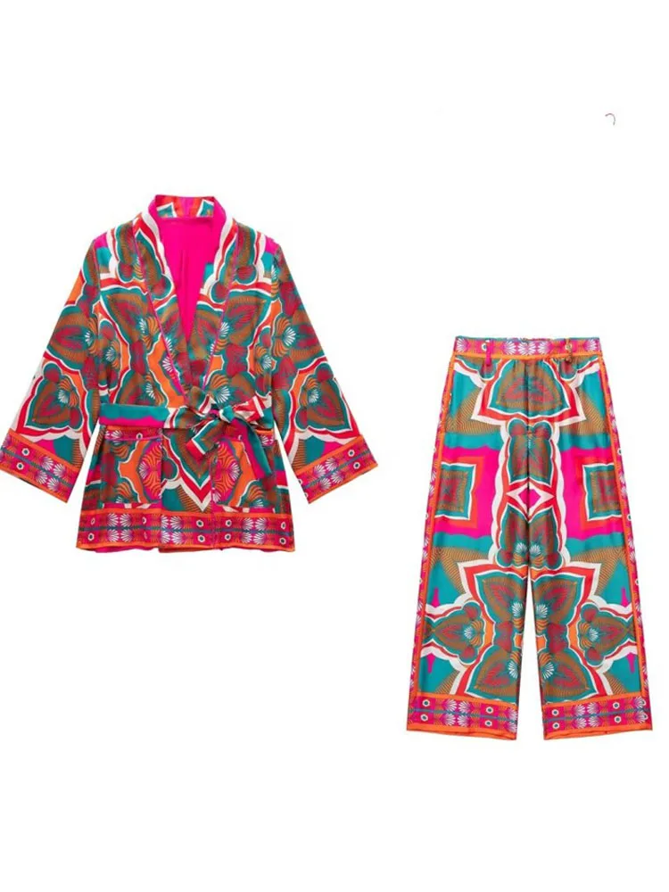 

Женский Атласный Костюм-кимоно Kumsvag, комплект из двух предметов, топ с винтажным принтом и брюки с широкими штанинами, одежда для улицы, лето 2023