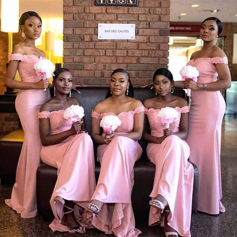 

Pink Long Bridesmaid Dresses 2023 Boat Neck Appliques Off The Shoulder Wedding Party Dress African Black Girl Mermaid Prom Gown