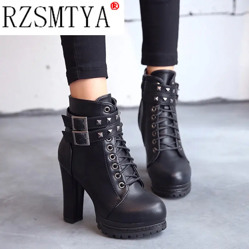 Women Autumn Ankle Boots Sexy Office High Heels Platform Boots Round Toe Leather Booties Black Pumps Ladies Party Shoes women pumps,platform boots,ankle boots,women high heeled boots