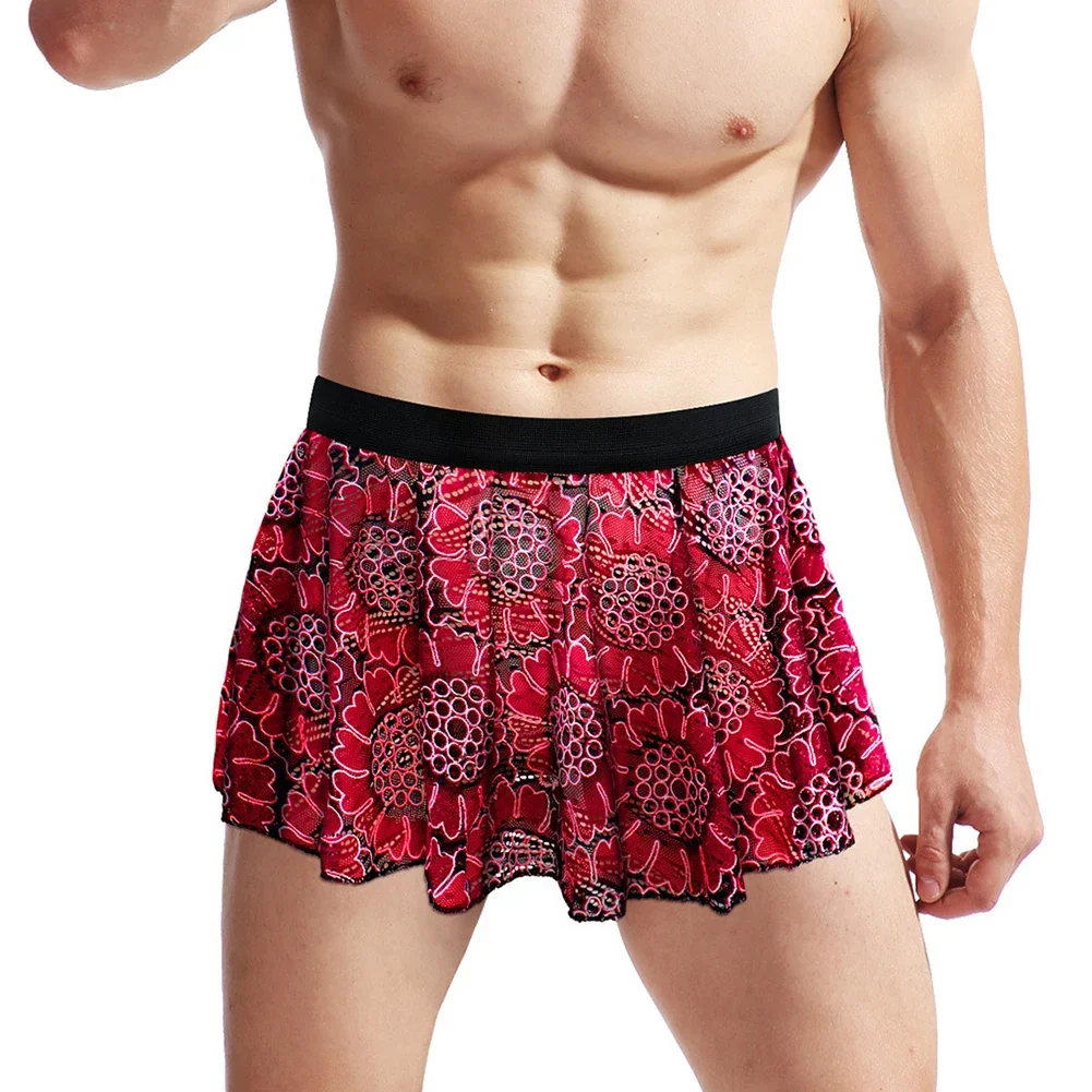 Men’s Sexy Sissy Lace Hollow Lingerie Skirt Vintage Floral Printed Clubwear Panties Underwear Underpants Briefs Male Inmitate