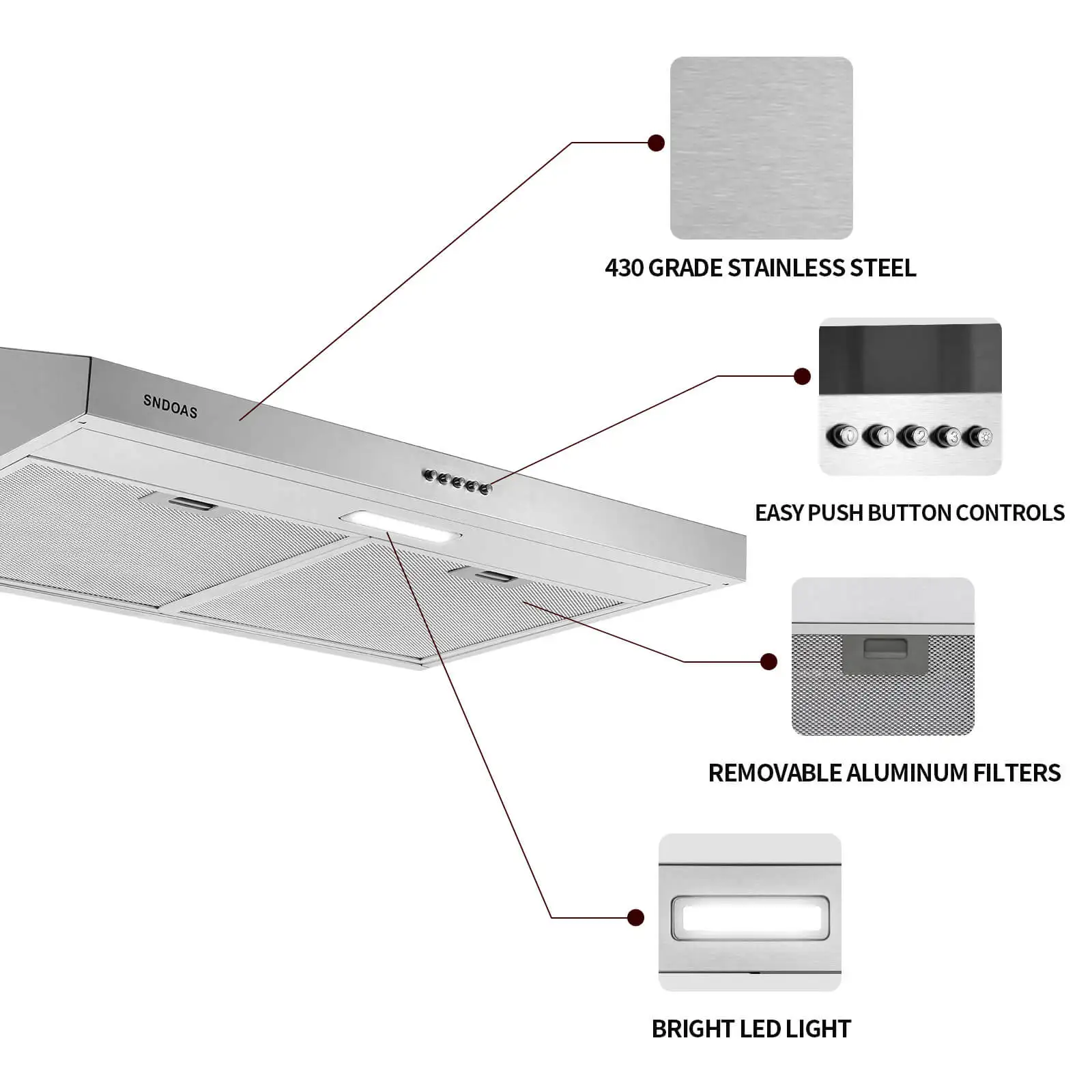 Tieasy 30 inch 230 CFM Under Cabinet Mount Stainless Steel with Carbon Filter LED Lights Kitchen Range Hood USGF2375CF 2