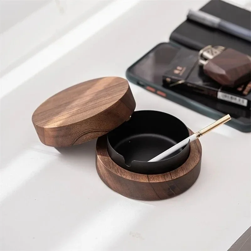 Walnut Wood Ashtrays With Lid Covered Windproof Ashtray With Stainless Steel Liner Indoor Outdoor Ash Tray For Home cigarettes ashtray stainless steel ashtray wood ashtray