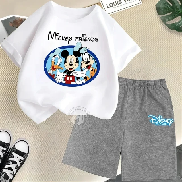 thumbnail image 1 of Camiseta y pantalones cortos con estampado de Mickey Mouse de verano para niños y adolescentes, traje de 2 piezas, ropa deportiva informal para niños y niñas, conjunto de moda Sunshine, 1 of 5