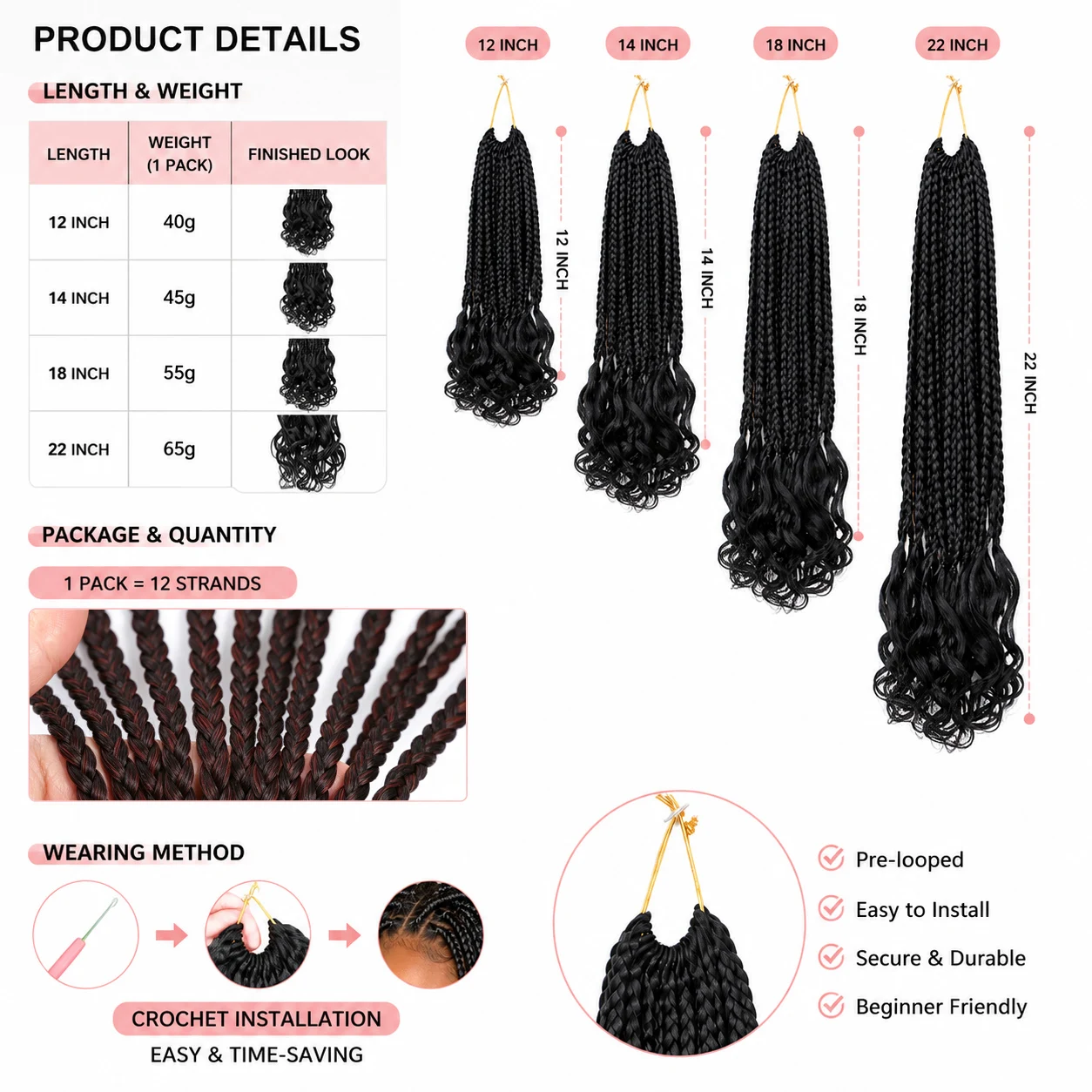 Boho French Curl Crochet Hair Extensions - Three Strand Goddess Braids with Curly Ends
