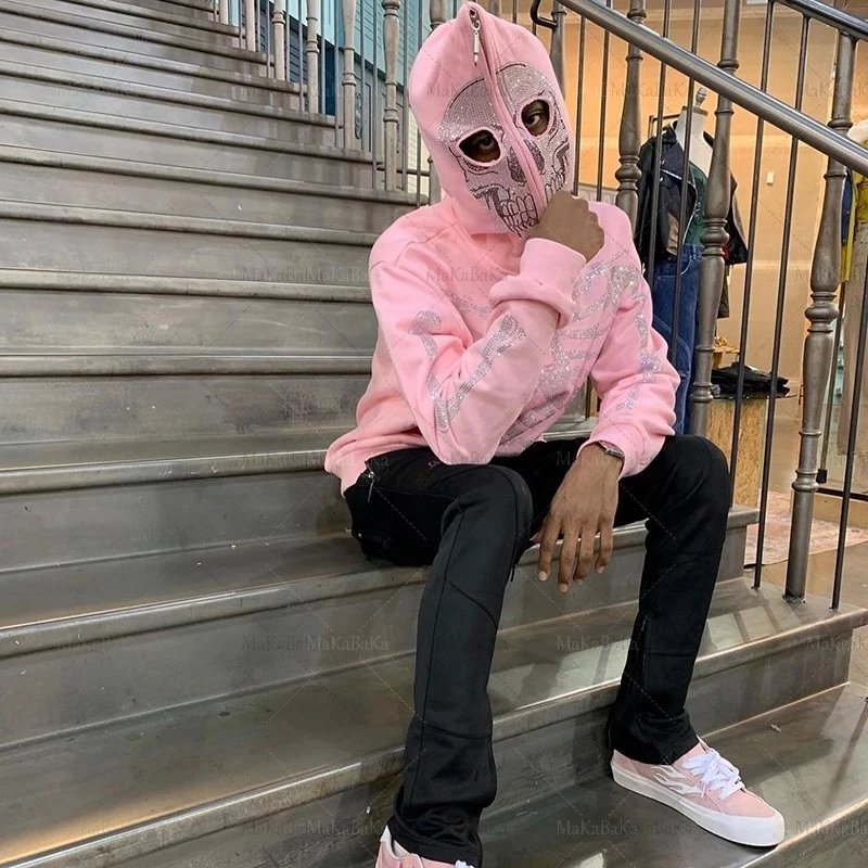 Womens Y2k Fashion Hoodie Skull Rhinestone Zip Up Hoodie grunge Women's Oversized Sweatshirt Punk Harajuku Long Sleeve Outerwear