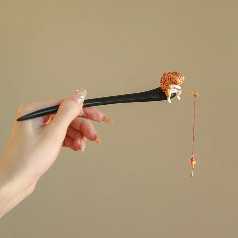 Chinese Style Wooden Hair Stick Cute Cat Fishing Tassel Hairpin Chopstick Jewelry Women Girls Hair Accessories Headwear Gift