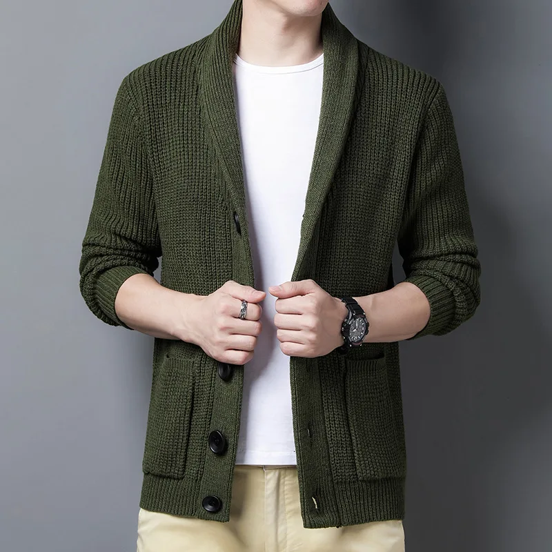 2023 New Spring Autumn Knitted Cardigan Men Solid Color V Neck Slim Fit Sweatercoat Turn Down Collar Casual Single Breasted Tops