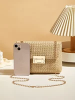 Woven Straw Handwoven Women’s Shoulder Bag, Fashion Solid Color Crossbody Purse with Lock Closure