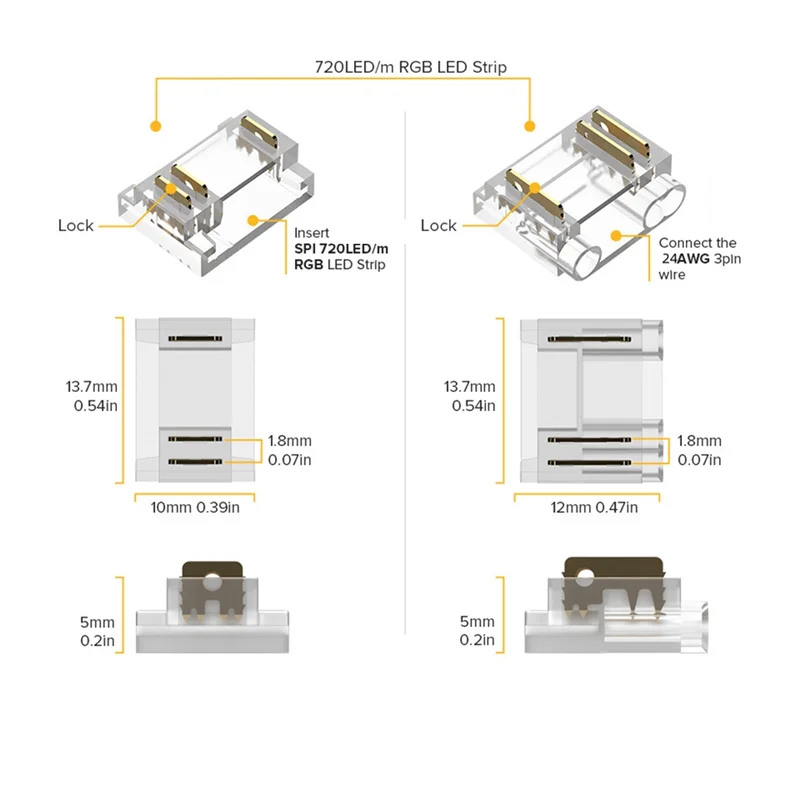 PHILE-24PCS COB RGBIC LED 스트립 용 3 핀 12Mm 투명 커버 커넥터 키트 와이어가있는 투명 갭리스 커넥터