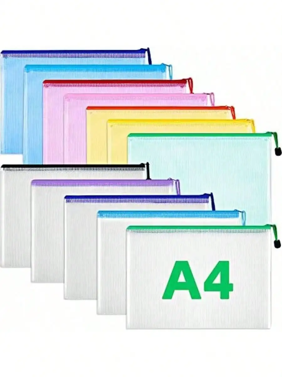 A4 Zipper Bag 10pcs Multi-color Waterproof Plastic File Bag Multi-purpose Travel Storage Office Home Organizing