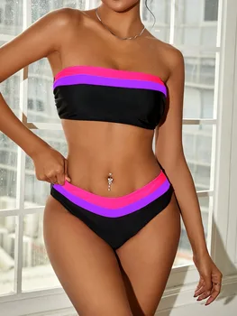 Bikini sexy a fascia 2025 Donna Patchwork nero a righe Push Up Costume da bagno a vita alta Costume da bagno estivo 2 pezzi Costumi da bagno Biquini 1