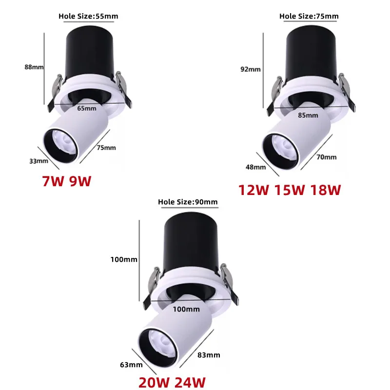 조도 조절식 LED 스포트라이트 각도 조절, 360 ° 회전, 범용 내장형 LED 천장 조명, 7W9W12W15W18W20W24W