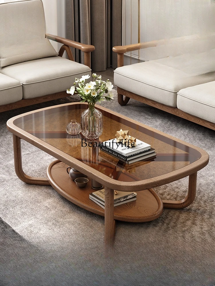 

Nordic Solid Wood Coffee Table TV Cabinet Combination Simple Modern Living Room Small Apartment Glass Tea Table
